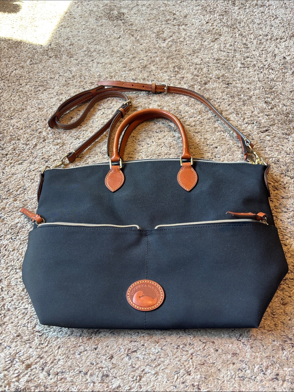 Dooney & Bourke Black Nylon Tote with Brown Leather Trim